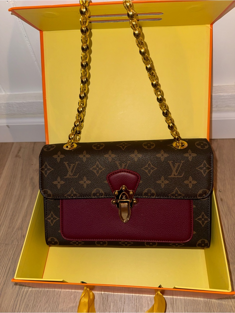 Louis Vuitton Monogram Canvas Shoulder Bag in Brown & Burgundy Red Accents